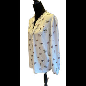 Loft Blouse Size XL Top Cream Long Sleeve Ruffle Collar 1/3 Button Front Dressy